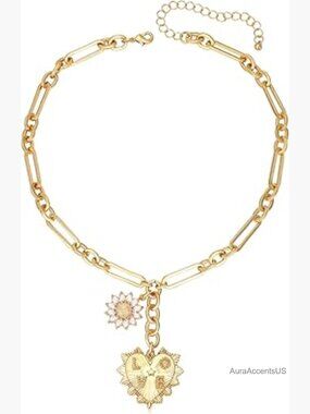 Gold Heart Sunflower Charm Paperclip Chain Choker Necklace Hip Hop